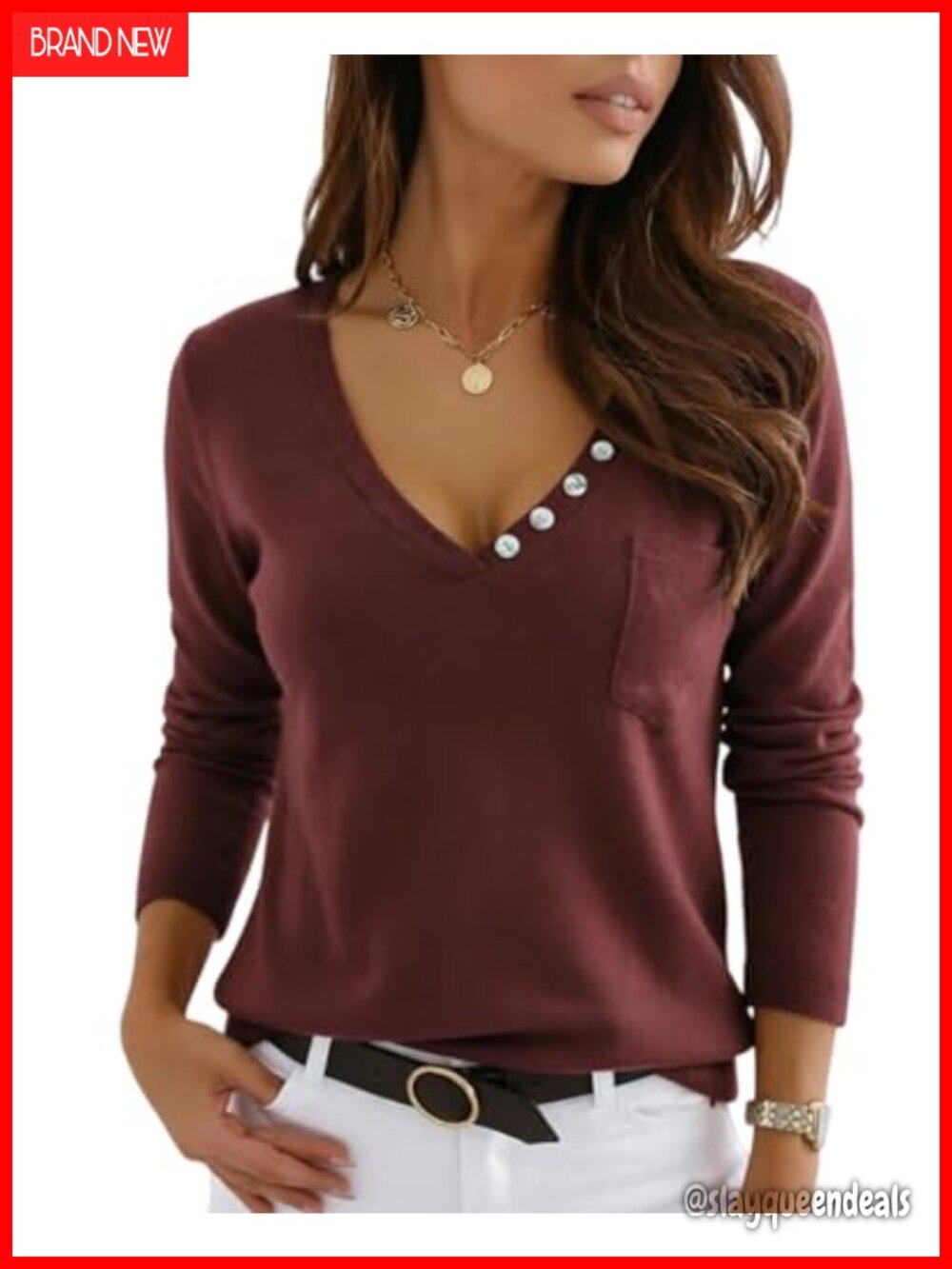 Women's Long Sleeve V-Neck Button Knit Top Casual Office Blouse